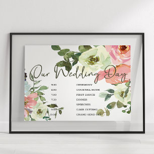 Poster Pancarte de mariage Fleurs roses pastel Coquille d
