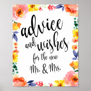 Poster Pancarte de mariage florale Conseils et Vœux 8x10