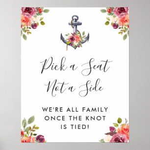 Poster Pancarte de mariage florale d'ancre nautique chois