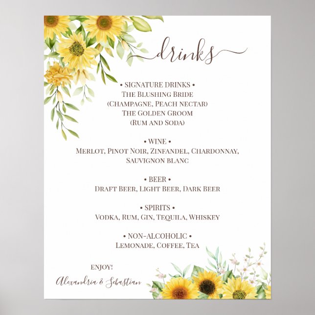 Poster Pancarte de menu de boissons de mariage avec verdu (Devant)