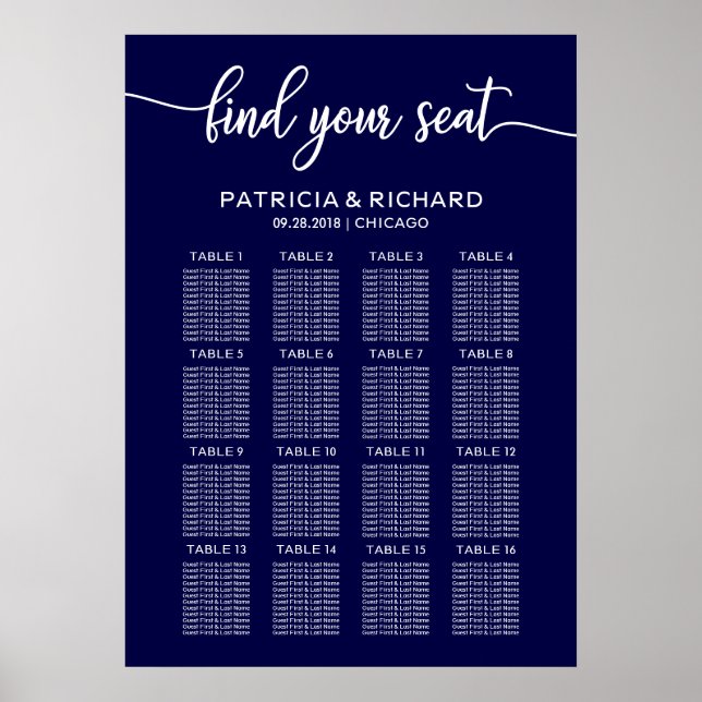 Poster Pancarte de plan de table de mariage Chic Bleu Nui (Devant)