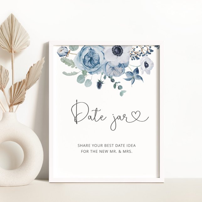 Poster Pancarte de pot de date florale bleu poussiéreux.  (Créateur téléchargé)