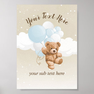 Poster Pancarte de table Ourson avec ballons bleus