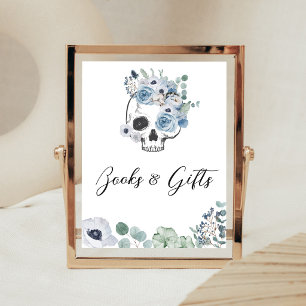 Poster Pancarte gothique florale bleue crâne Livres et Ca