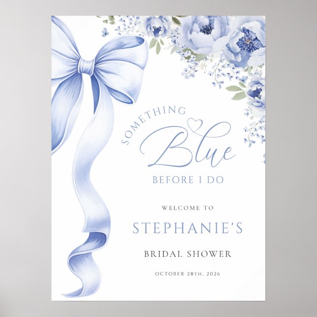Poster Pancarte numérique de mariage floral bleu (Devant)