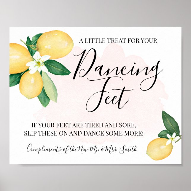 Poster Pancarte Pieds Dansants Tongs Mariage Citrons Rose (Devant)