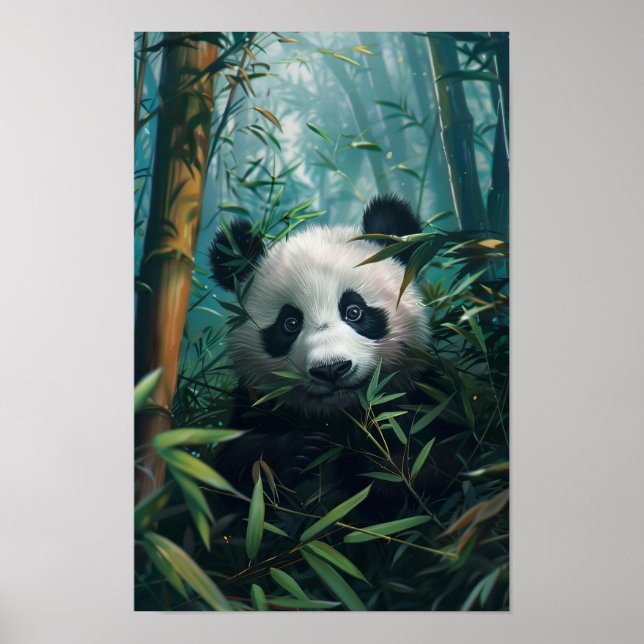 Poster Panda adorable dans la forêt de Bamboo Aquarelle P (Devant)