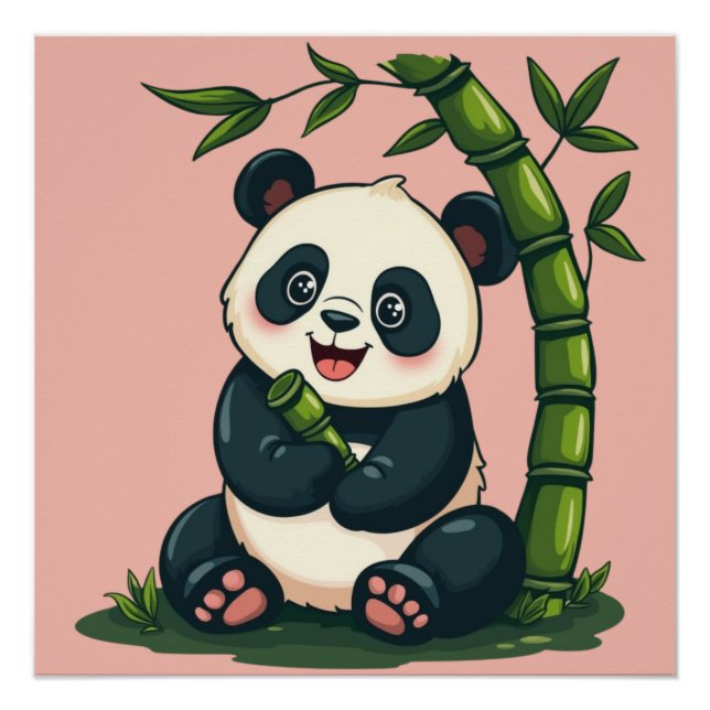 Poster Panda Adorable Enlaçant du Bambou, Joli Dessin Ani (Devant)