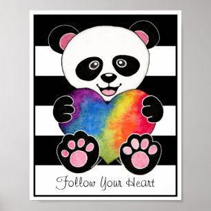 Poster Panda Aquarelle Cute Avec Coeur Arc En Ciel