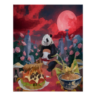 Poster panda aquarelle pique-nique avec sauterelle ramen