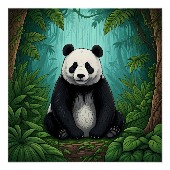 Poster Panda bear assis dans une clairière de la jungle (Devant)