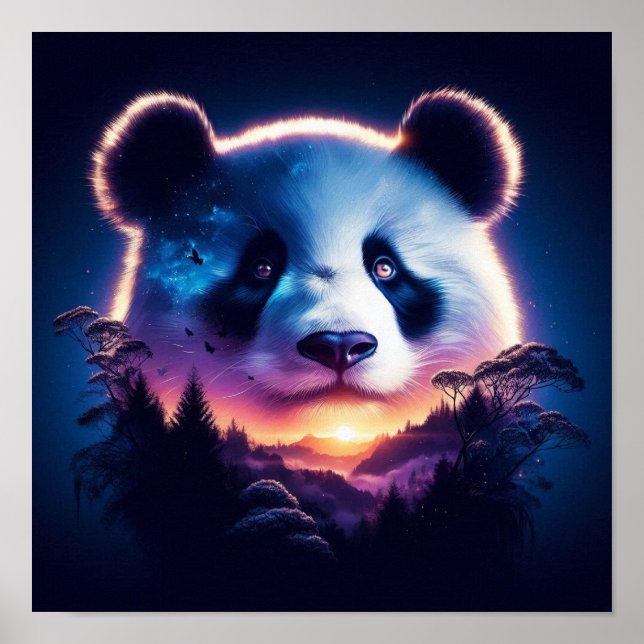 Poster Panda Face avec Forêt Surréelle et coucher de sole (Devant)