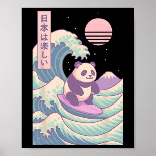 Poster Panda faisant du surf sur une vague japonaise Japo