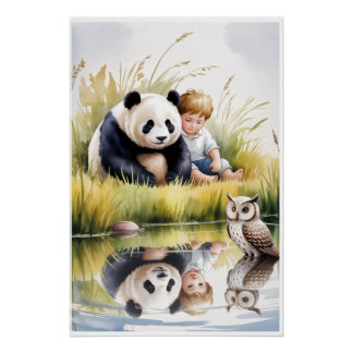 POSTER PANDA, GARÇON ET HIBOU