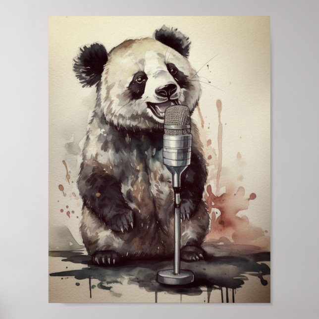 Poster Panda mignonne chantant à travers microphone rétro (Devant)