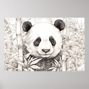 Poster Panda Nature paisible Prairie Sketch Style de dess
