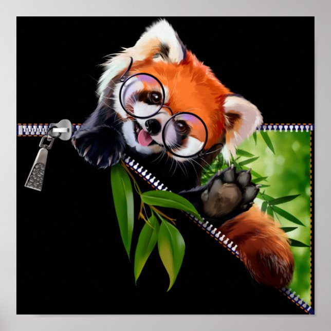 Poster Panda rouge dans lunettes rondes et branche de bam (Devant)