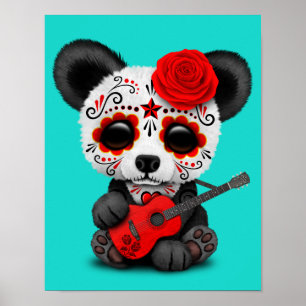 Poster Panda rouge de crâne de sucre jouant la guitare