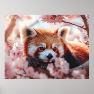 Poster Panda Rouge Parmi Les Fleurs De Cerisiers