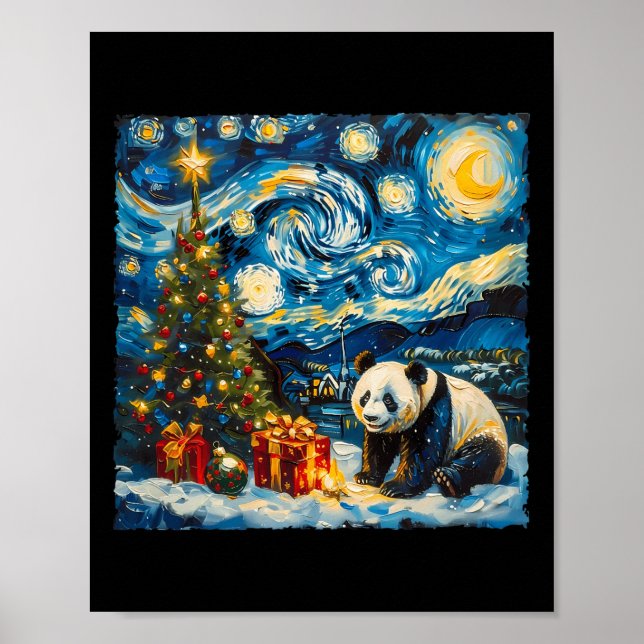 Poster Panda Van Gogh Style Nuit étoilée Noël hiver (Devant)