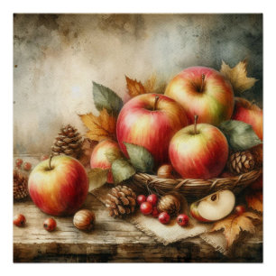 Poster Panier de pommes sur la table aquarelle vintage