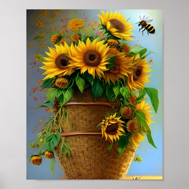 Poster Panier de tournesol et abeilles (Devant)