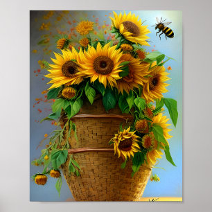Poster Panier de tournesols et abeilles