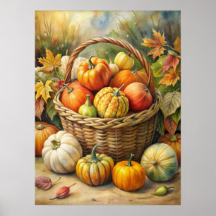 Poster Panier en osier avec citrouilles automne