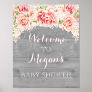 Poster Panneau baby shower Aquarelle rose Fleurs bois