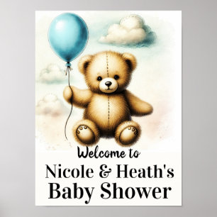 Poster Panneau Baby shower Bleu Ours Teddy