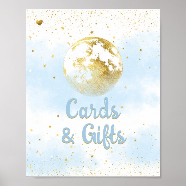 Poster Panneau Baby shower Blue Gold Over the Moon and St (Devant)
