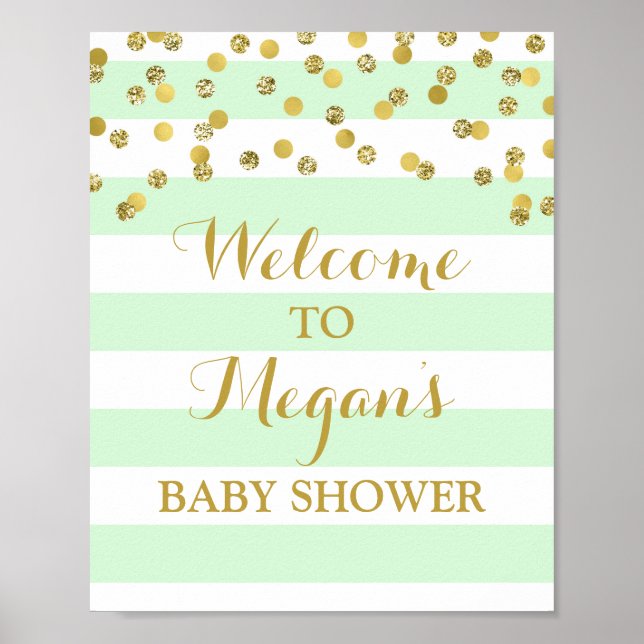 Poster Panneau Baby shower de bienvenue Mint Stripe or Co (Devant)