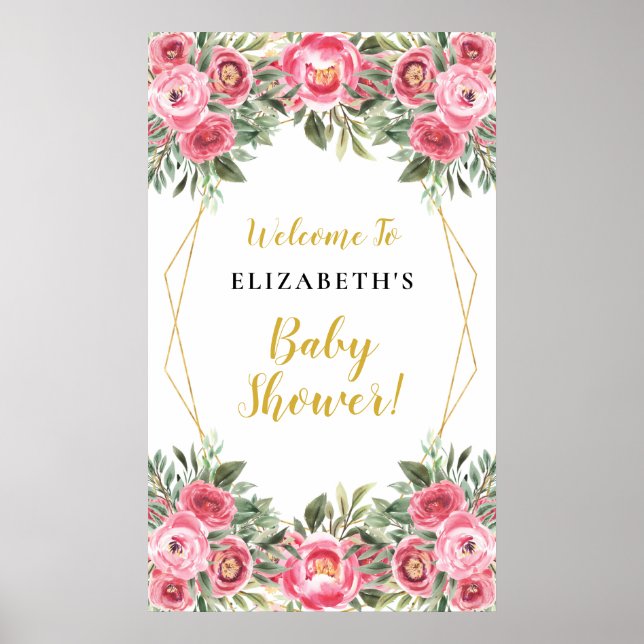 Poster Panneau Baby shower de cadre géométrique Fleurs ro (Devant)