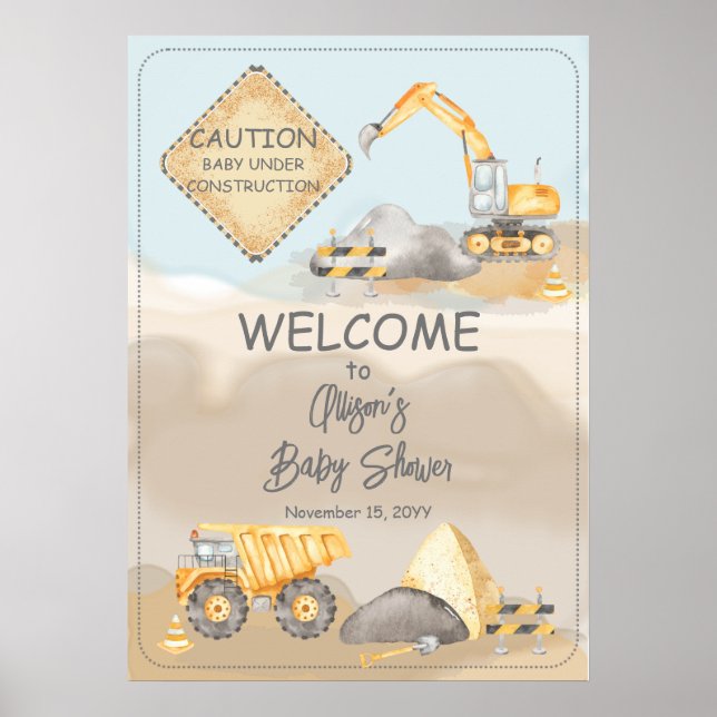 Poster Panneau Baby shower de camion de construction (Devant)