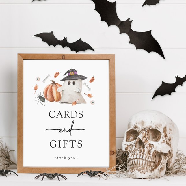 Poster Panneau Baby shower des cartes et cadeaux d'Hallow (Halloween Cards and Gifts Sign A Little Boo Is Almost Due Baby Shower Fall Autumn Orange Pumpkins)