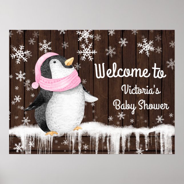 Poster Panneau Baby shower d'hiver Penquin Snowflake (Devant)