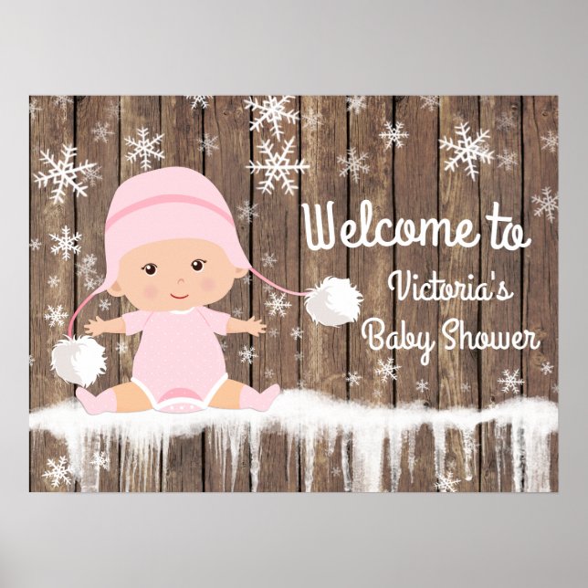 Poster Panneau Baby shower d'hiver Pink Snowflake (Devant)