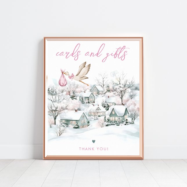 Poster Panneau Baby shower d'hiver Stork Girl Cartes et c (Créateur téléchargé)