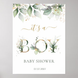 Poster Panneau Baby shower du Garçon de Foliage d'or vert