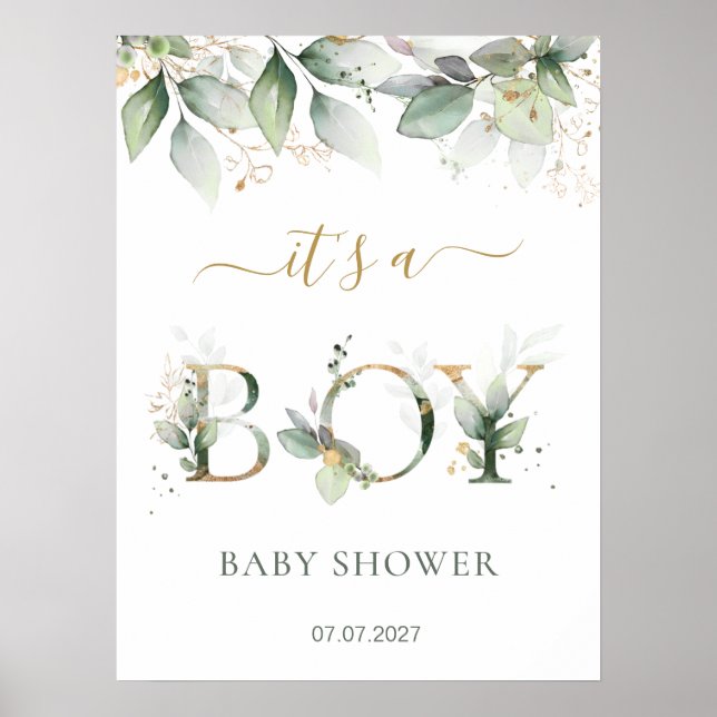 Poster Panneau Baby shower du Garçon de Foliage d'or vert (Devant)