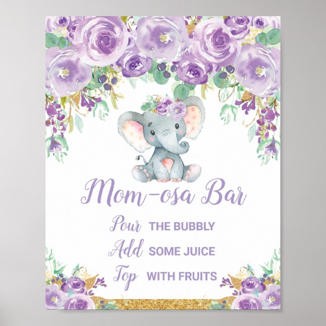 Poster Panneau Baby shower Eléphant Floral Violet Momosa  (Devant)