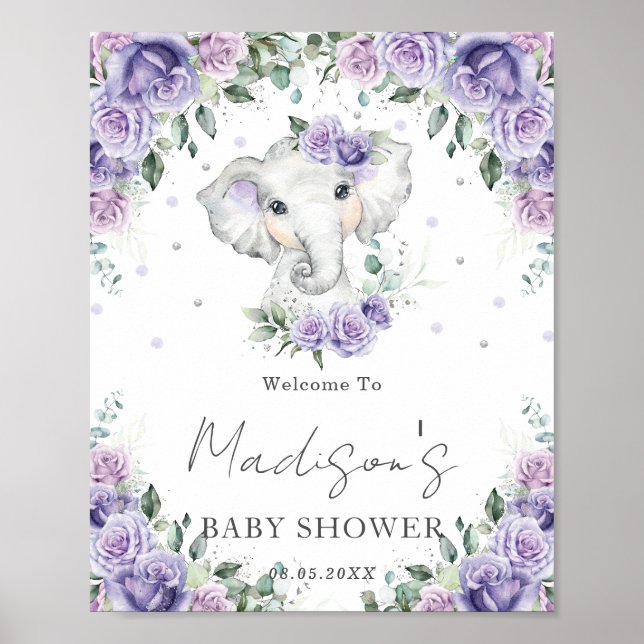 Poster Panneau Baby shower Eléphant Lilac Floral Cute Vio (Devant)