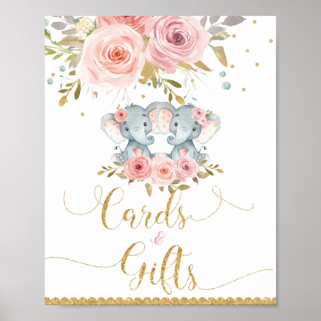 Poster Panneau Baby shower Elephant Twin Girls Cartes & C (Devant)