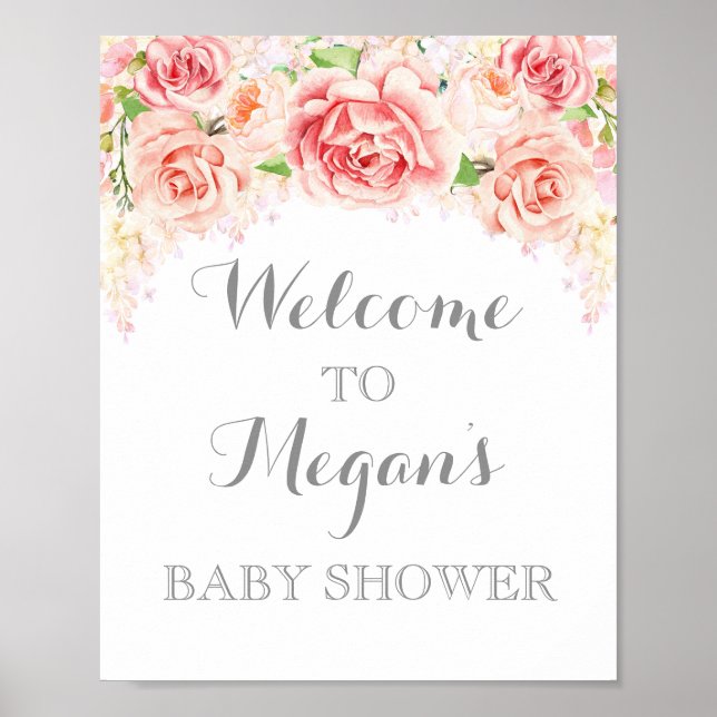Poster Panneau baby shower Fleurs d'aquarelle rose (Devant)