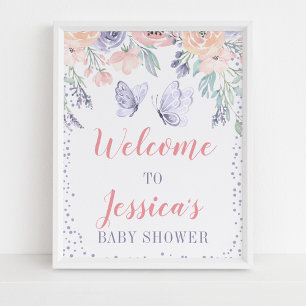 Poster Panneau Baby shower papillon rose violet