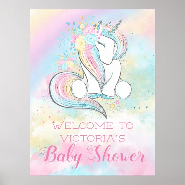 Poster Panneau Baby shower Pastel Rainbow Unicorn (Devant)