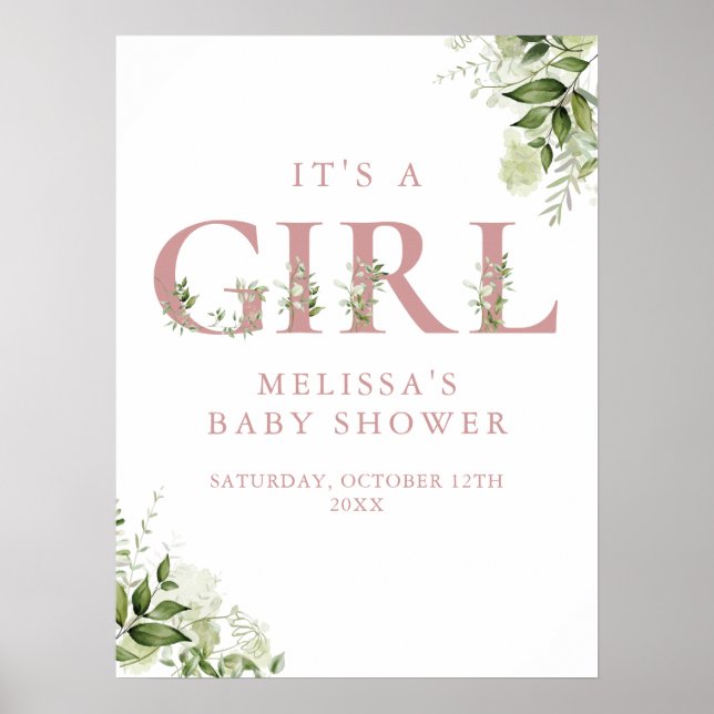 Poster Panneau Baby shower rose verdoyant (Devant)