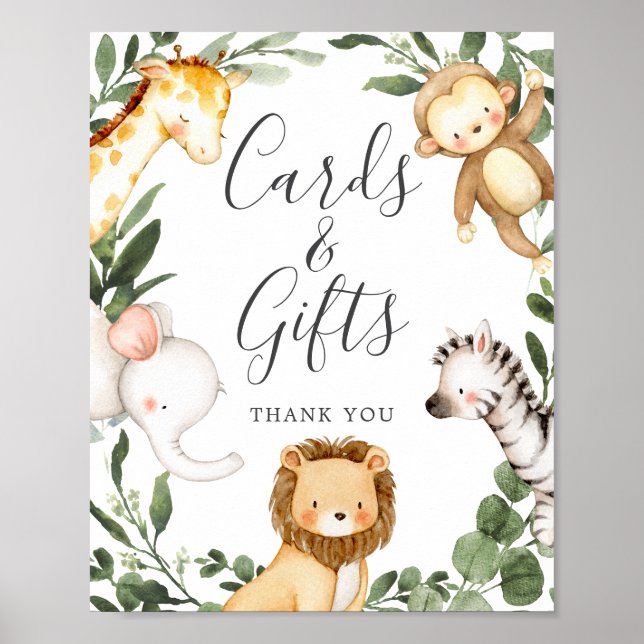 Poster Panneau Baby shower Safari Animaux Cartes et Cadea (Devant)
