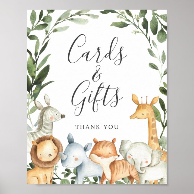 Poster Panneau Baby shower Safari Animaux Cartes et Cadea (Devant)