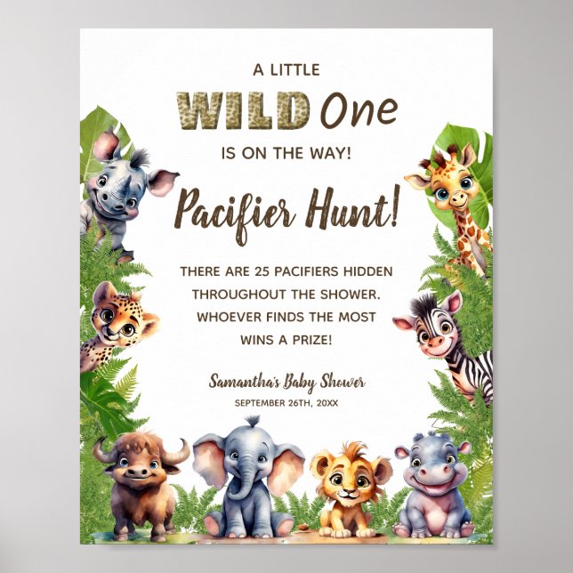 Poster Panneau Baby shower Safari Thème Pacifier Chasse J (Devant)